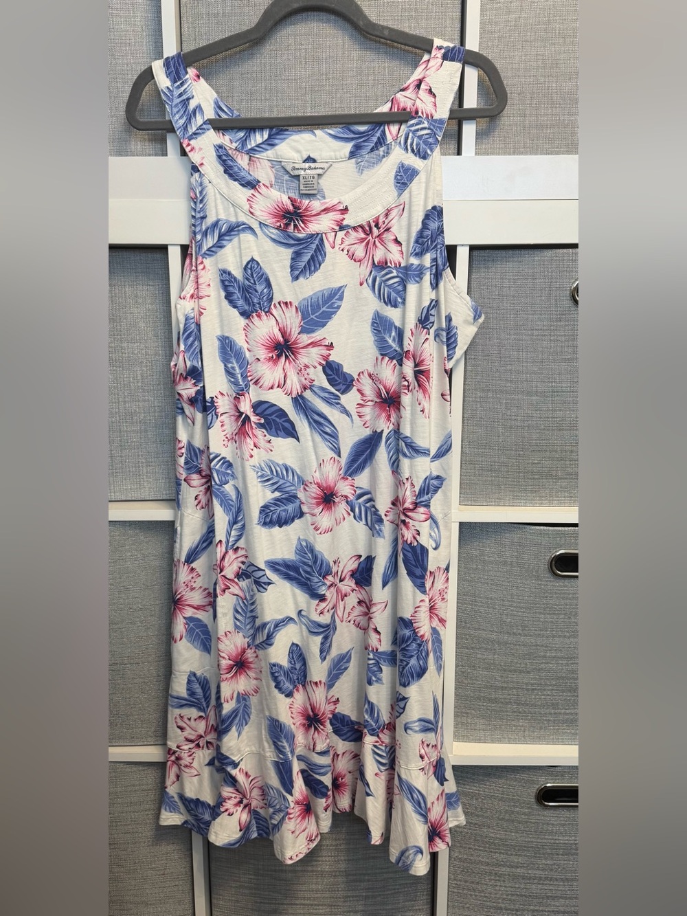 Tommy Bahama Cream Tank Top with Blue Leaves & Pink Hibiscus